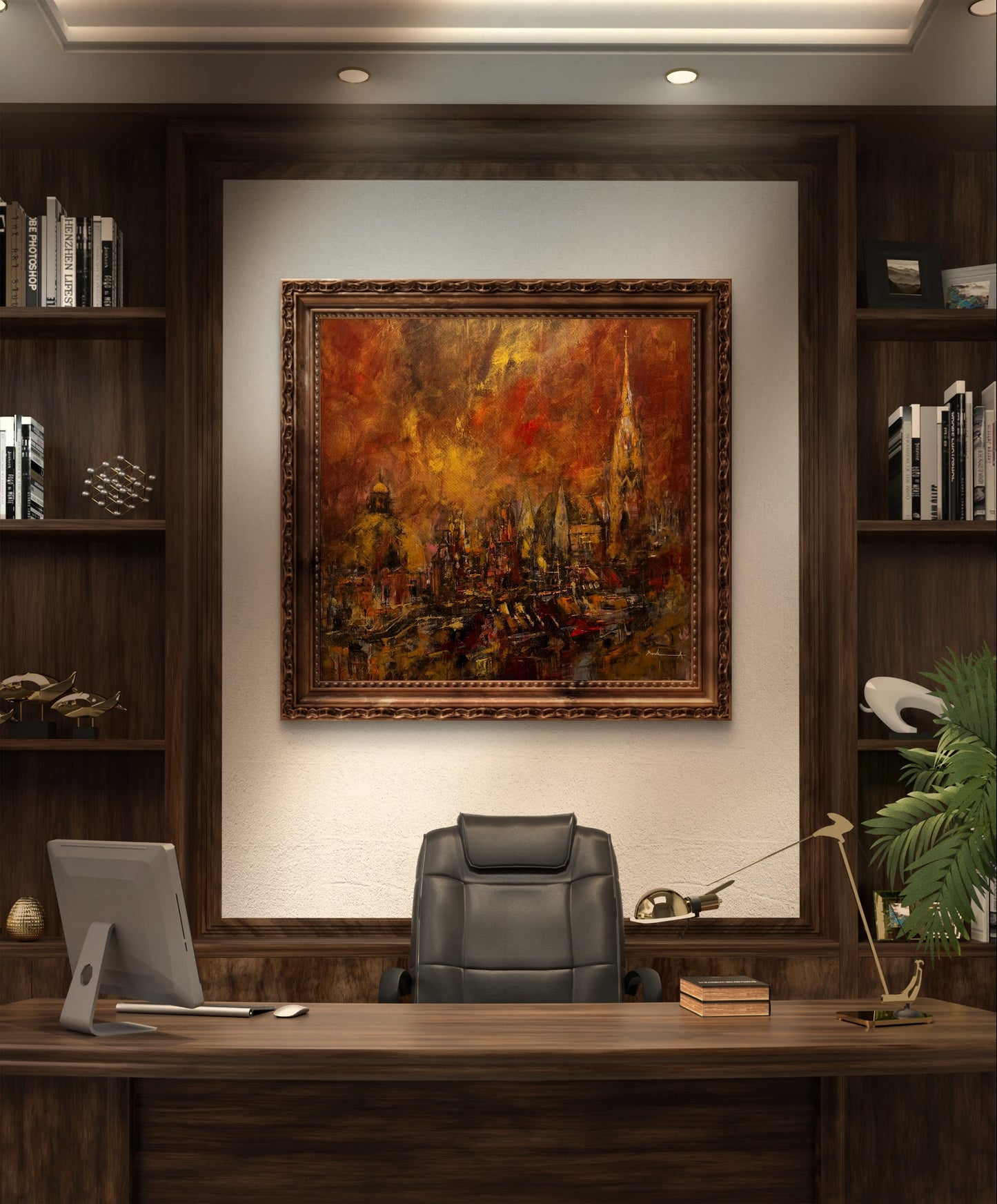 Abstract painting of Vienna cityscape with warm colors of gold