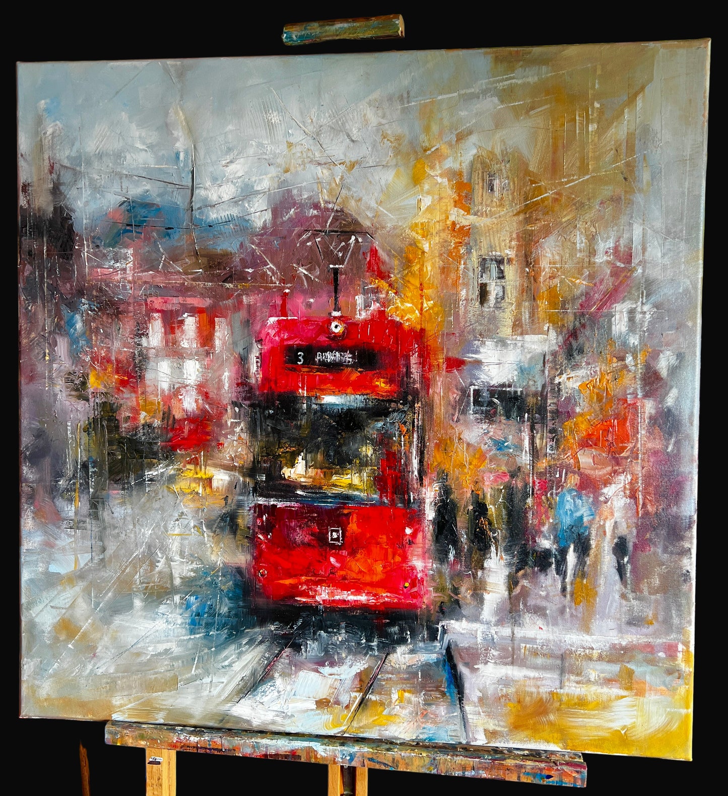 Abstract painting of a red tram with colorful surroundings