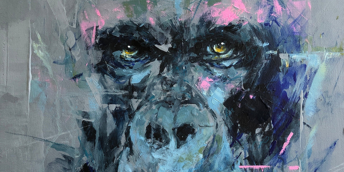 Abstract painted portrait of a gorilla face in blue, black, gray, pink, and purple tones on a textured canvas.