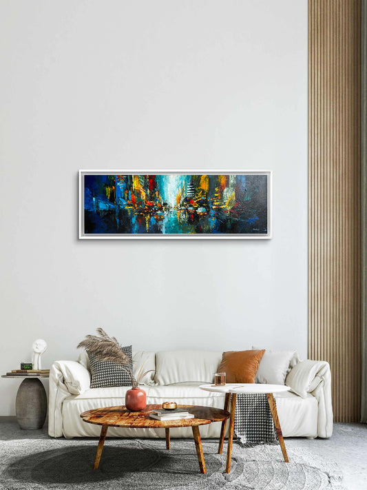 Living room with a colorful abstract cityscape painting