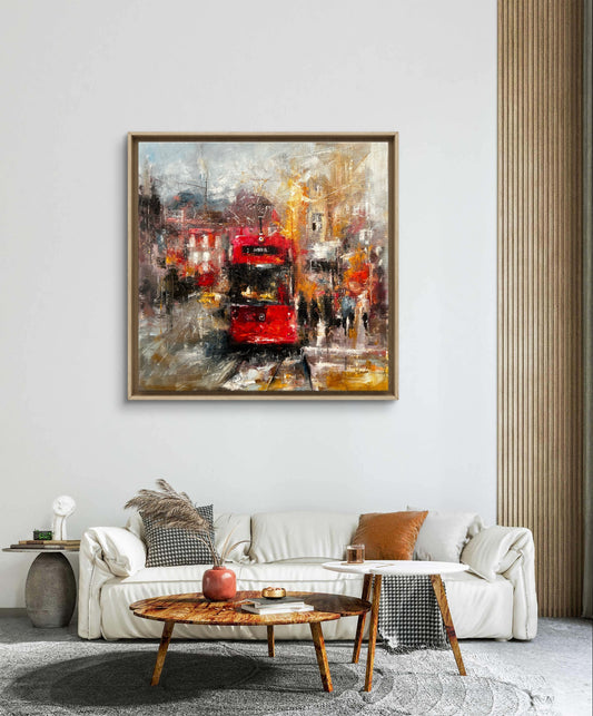 Living room with a large abstract painting of a red tram