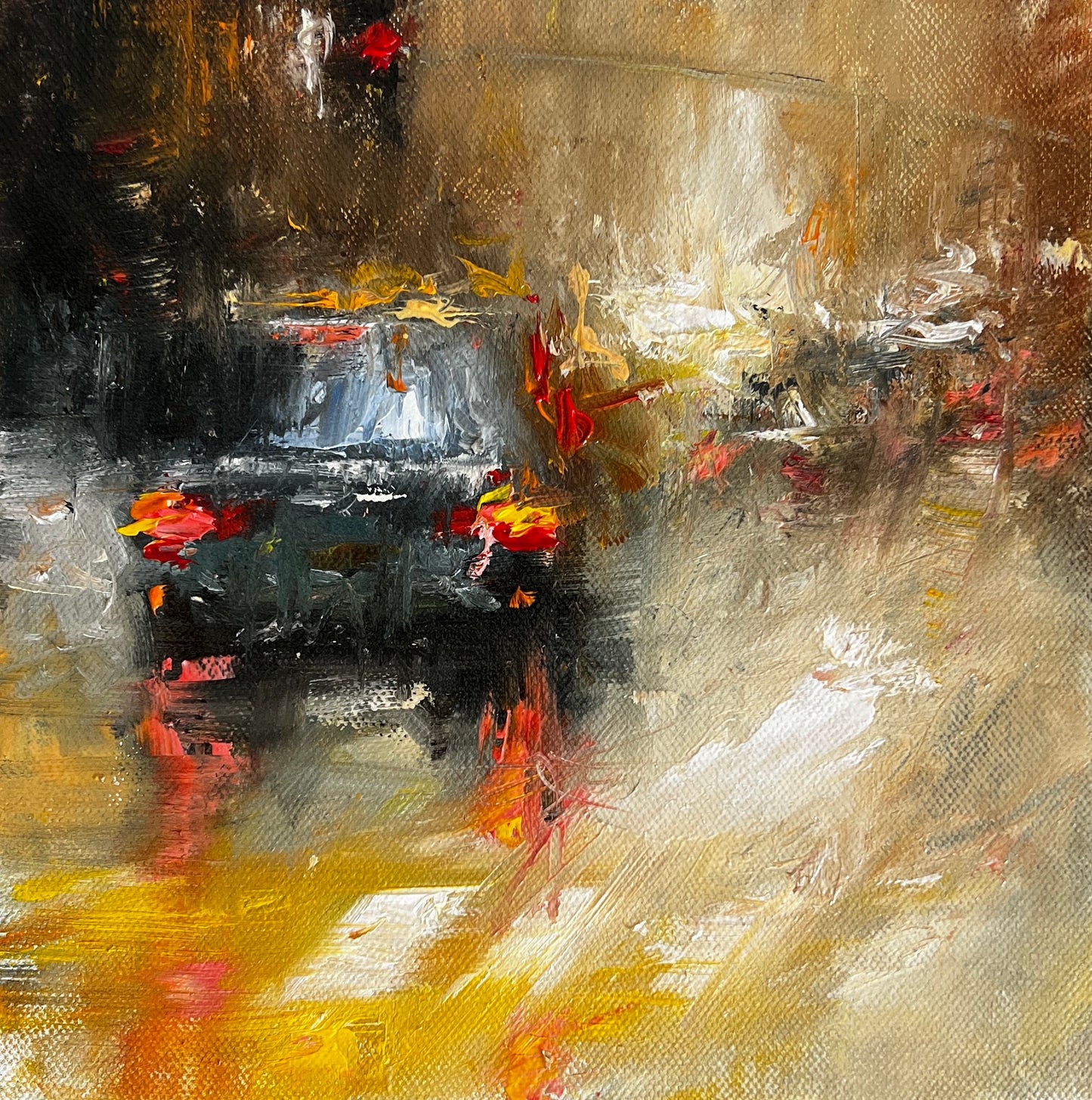Abstract painting of a car on street with dynamic brushstrokes in various colors though storms