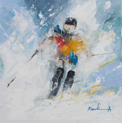 Painting of a skier in action with colorful attire against a snowy background
