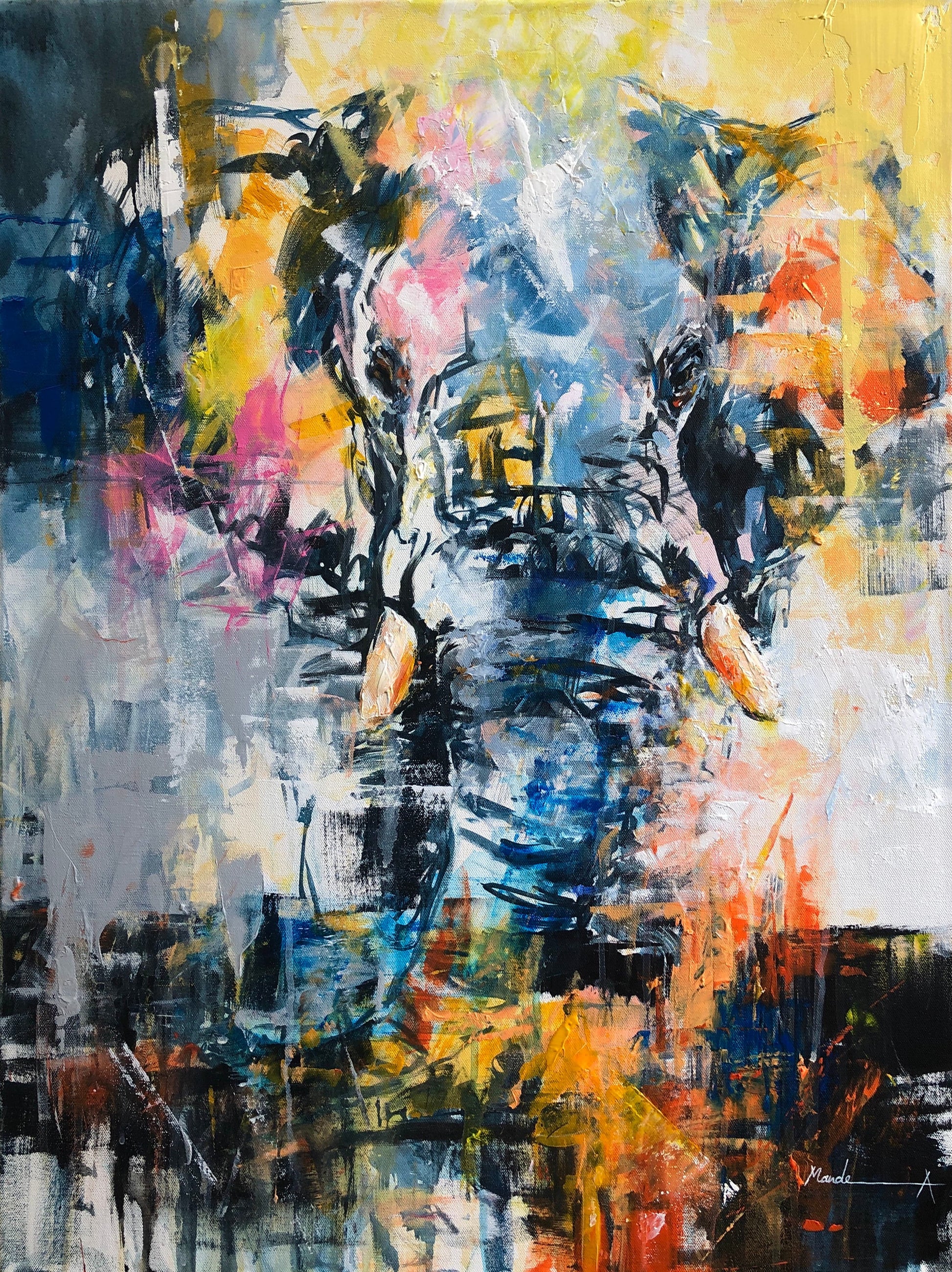 Abstract elephant painting with vibrant blues, yellows, oranges, and pinks in bold brushstrokes