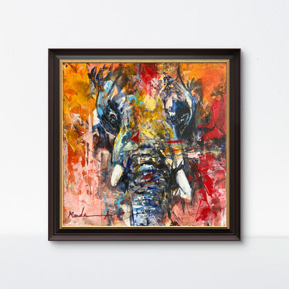Abstract elephant painting in vibrant blues, reds, and oranges with expressive brushstrokes by Mandea Art
