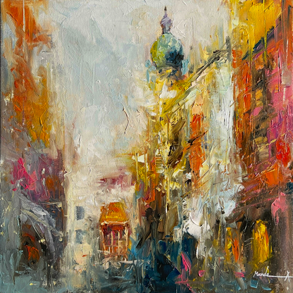 Abstract impressionist painting of Innsbruck, Austria featuring warm yellows and oranges with a prominent green dome, depicting the city's historic architecture through expressive brushstrokes