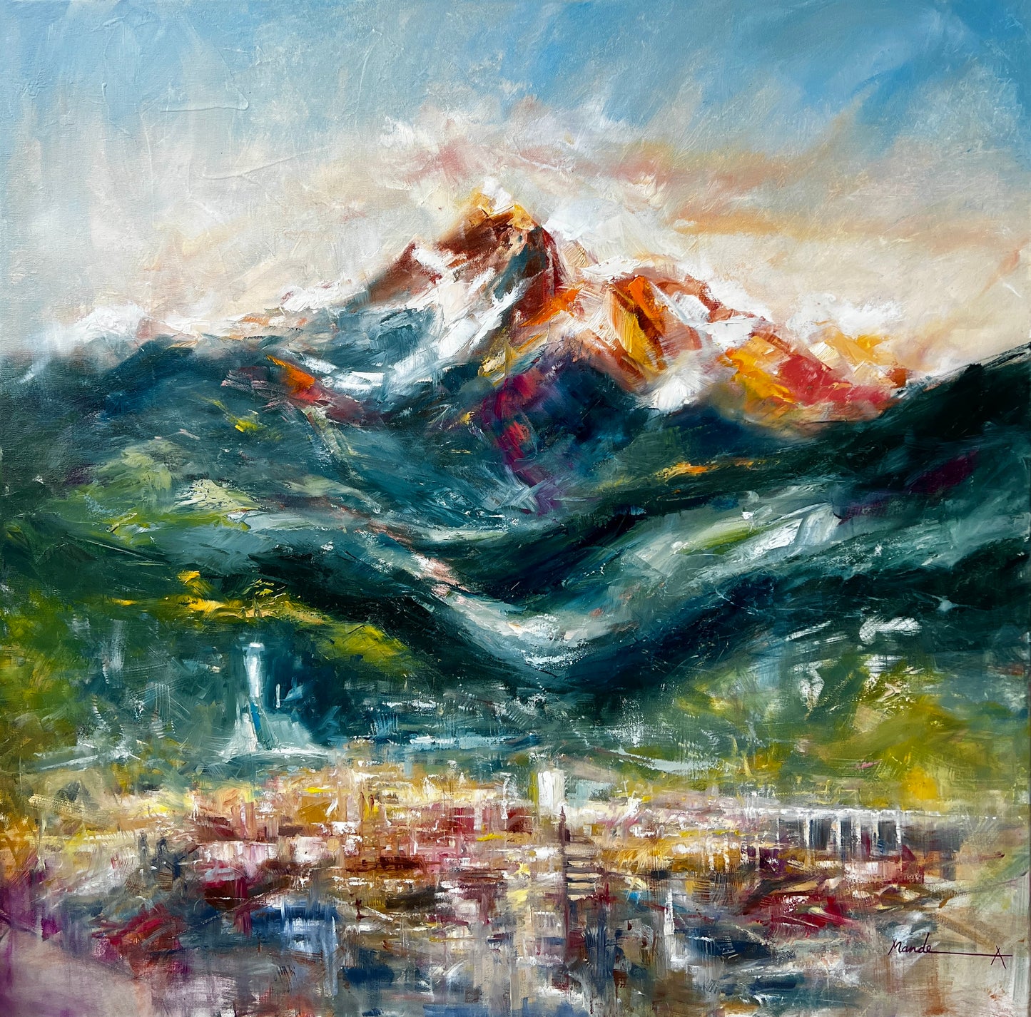 Abstract mountain painting of a cityscape 