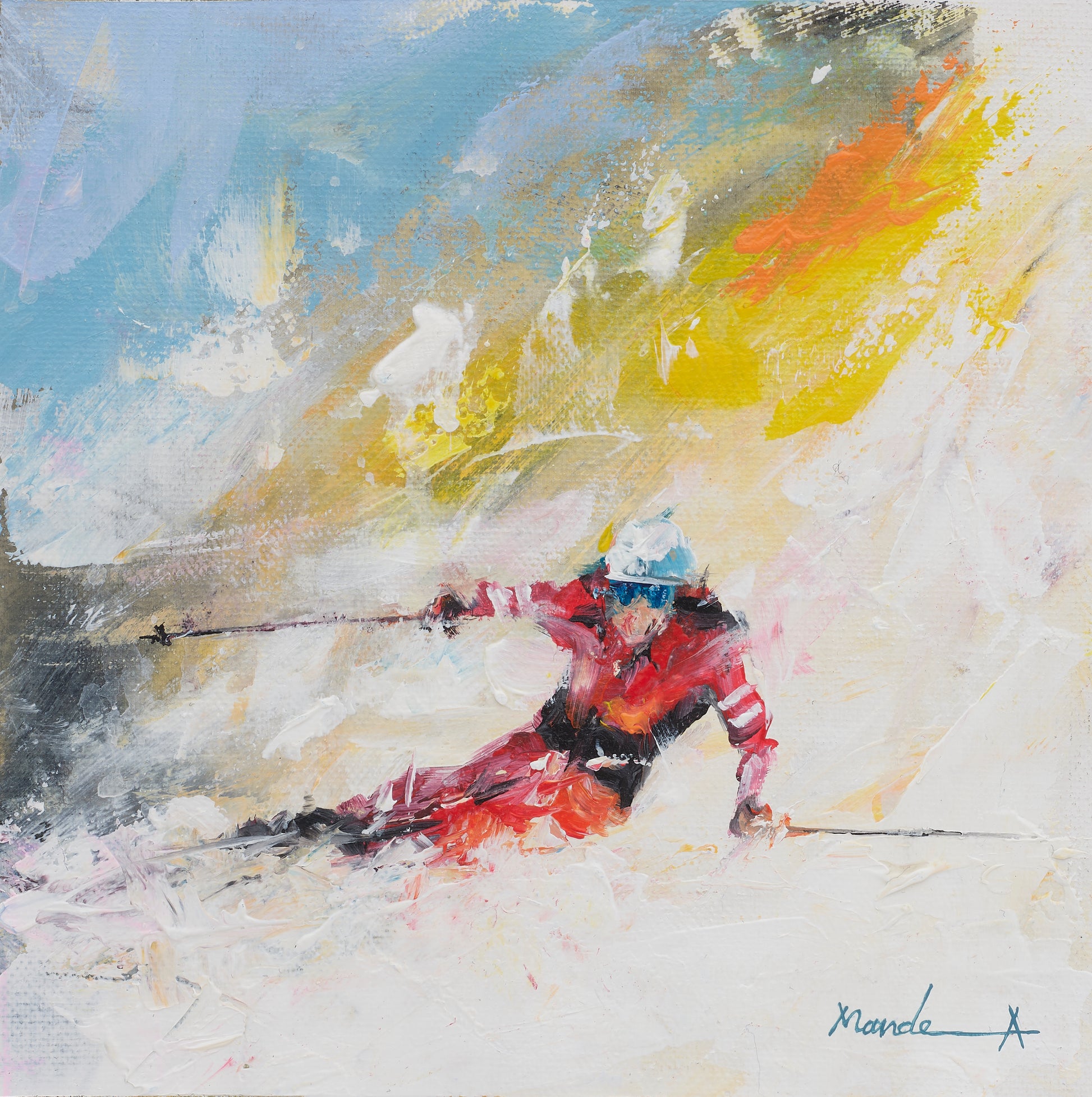 Abstract painting of a skier in action with dynamic colors