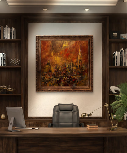 Abstract painting of Vienna cityscape with warm colors of gold