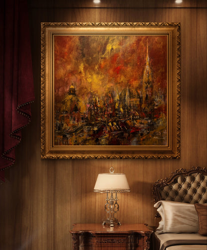 Decorative painting on a wall with a lamp and sofa in the foreground