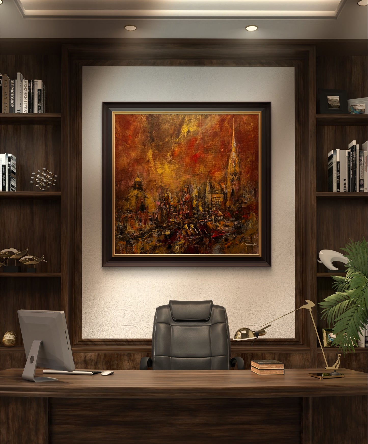 Modern office interior with a desk, chair, and wall art.