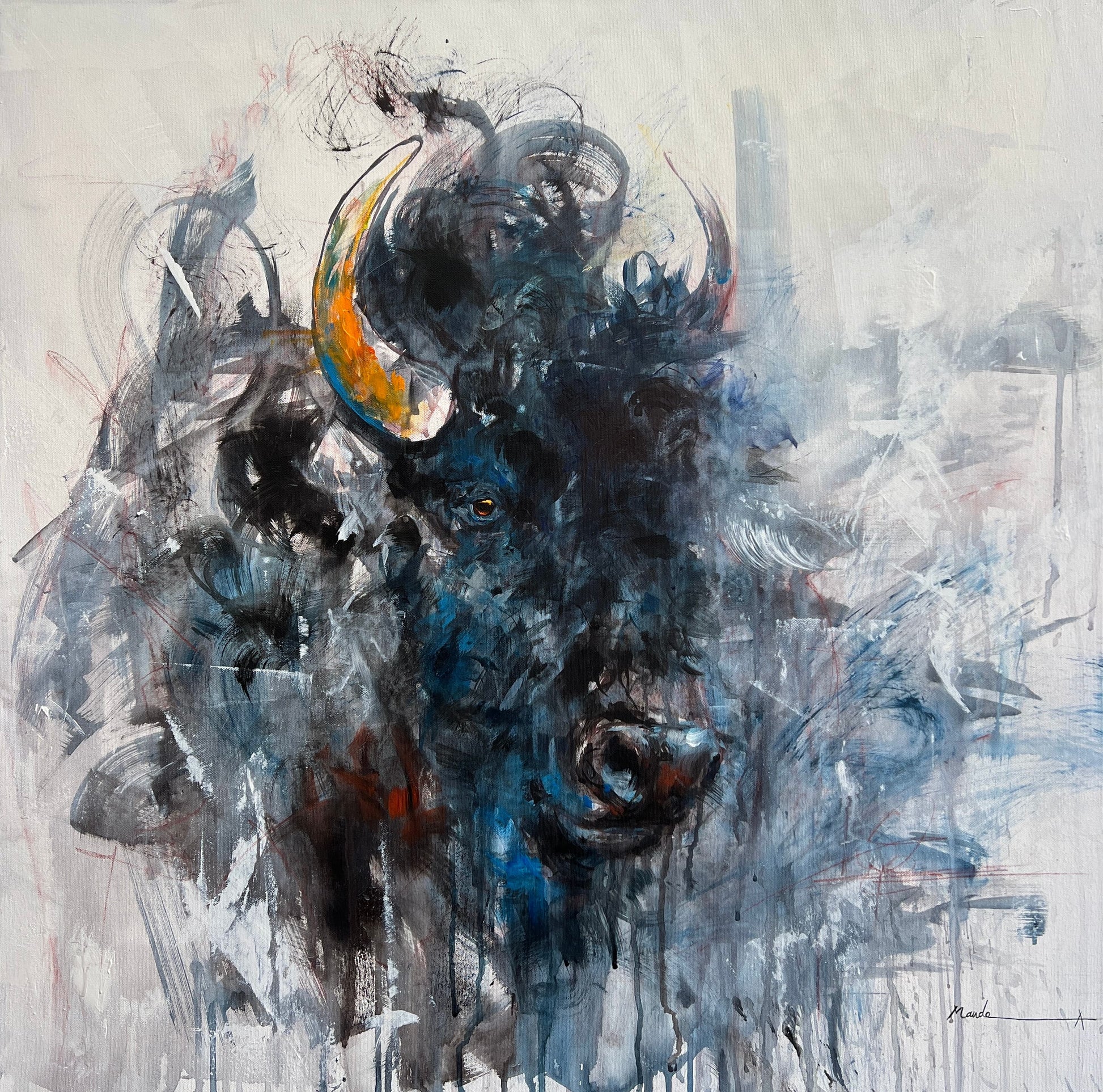 Abstract painting of a bull's head in dark blues and grays with orange-accented horns, rendered in bold expressive brushstrokes against a gestural background