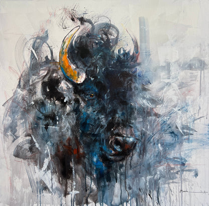 Abstract painting of a bull's head in dark blues and grays with orange-accented horns, rendered in bold expressive brushstrokes against a gestural background