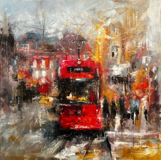 Abstract painting of a red tram on a city street with people and buildings in innsbruck