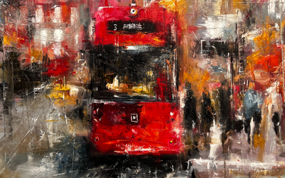 Abstract painting of a red tram on a city street with people and buildings in innsbruck