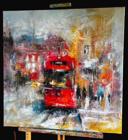 Abstract painting of a red tram with colorful surroundings