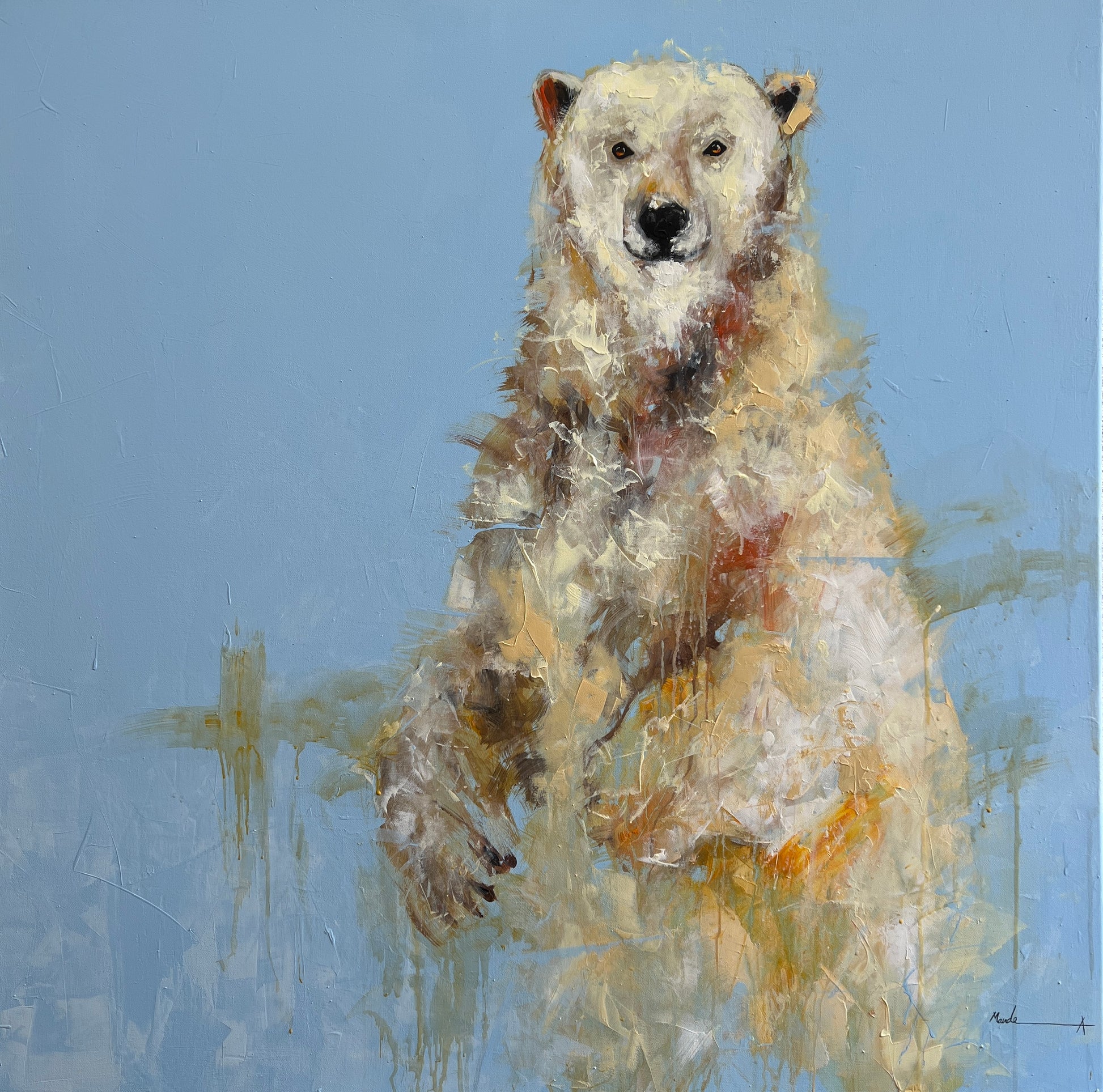 Painting of a polar bear on a blue background