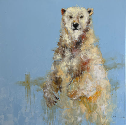 Painting of a polar bear on a blue background