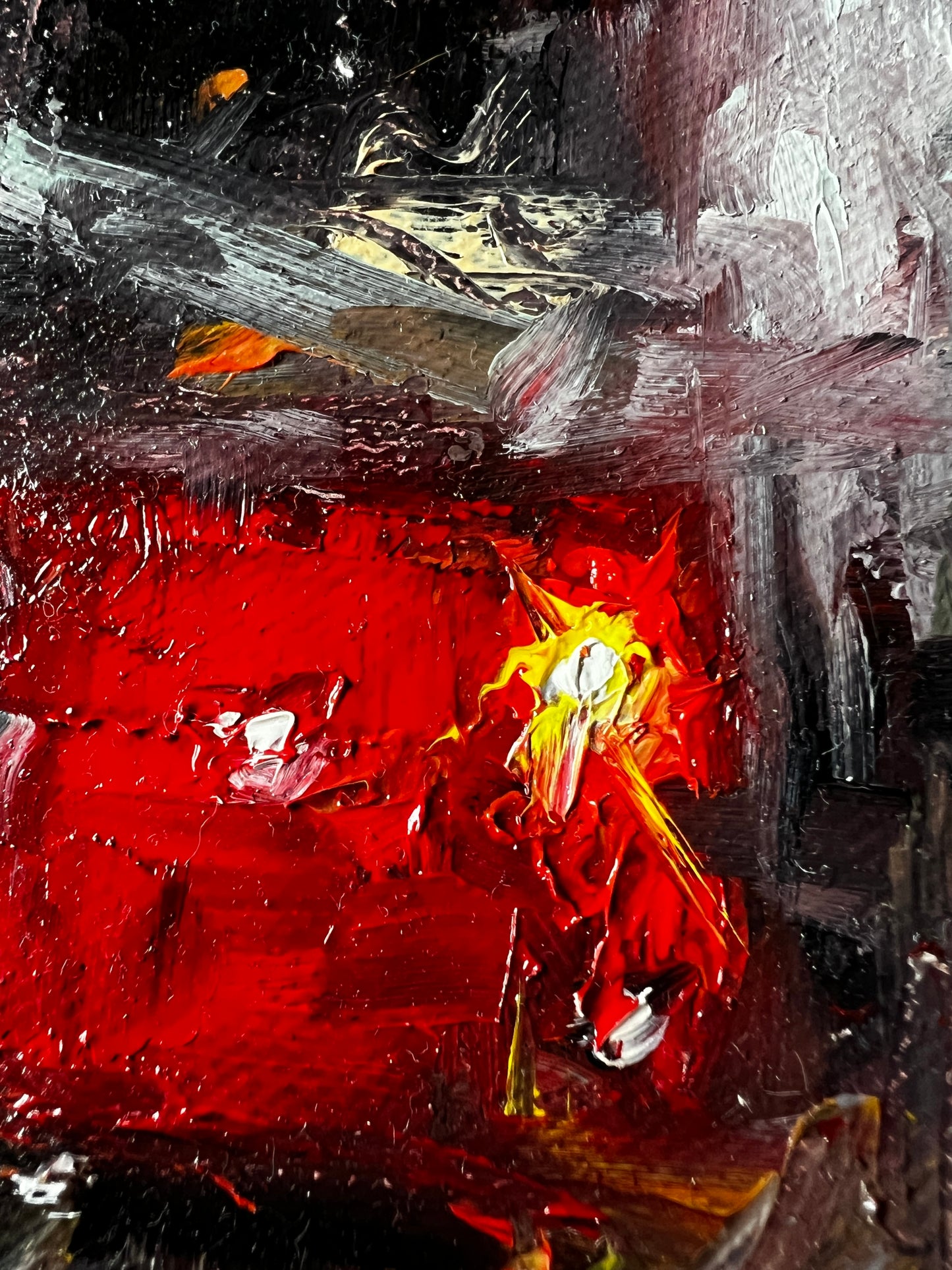 Abstract tram painting with red, yellow, and black colors