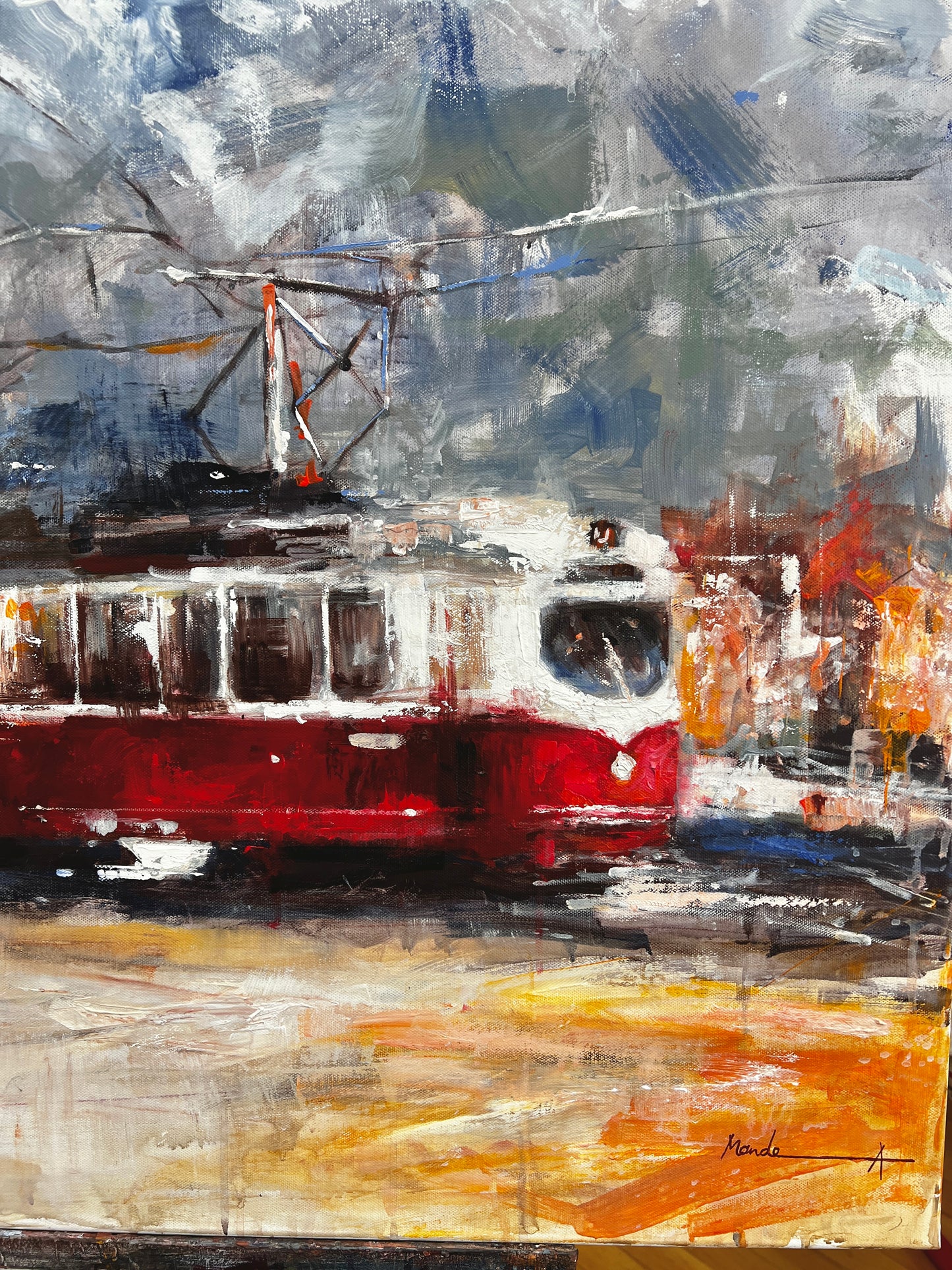 Impressionistic mountain scene with a red tram set against snow-covered Alpine peaks, capturing contrast between movement and the serene, cold landscape — artwork by Mande