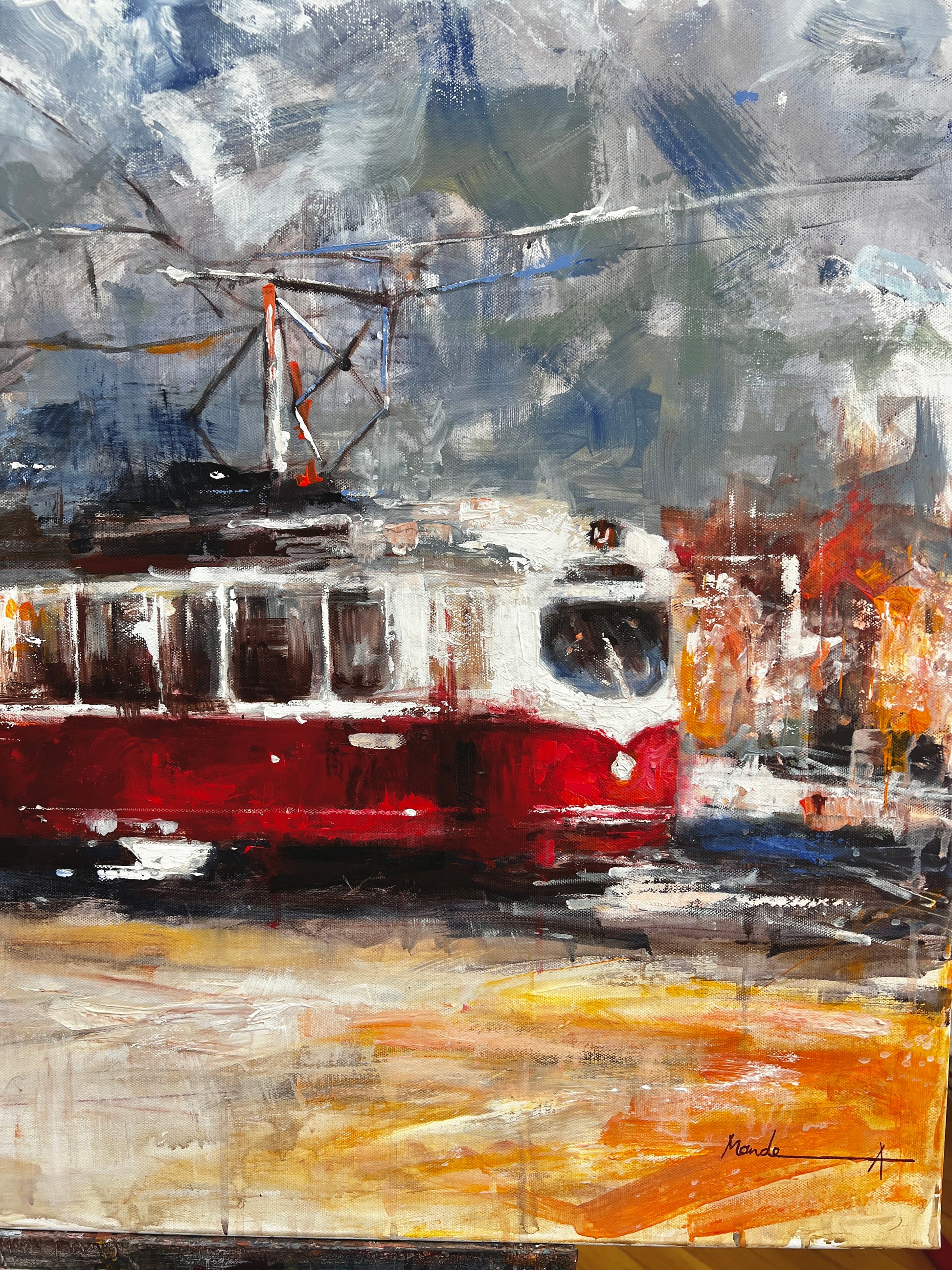 Impressionistic mountain scene with a red tram set against snow-covered Alpine peaks, capturing contrast between movement and the serene, cold landscape — artwork by Mande