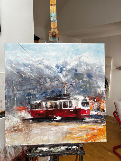 Alpine Ride - Original Vintage Tram Painting