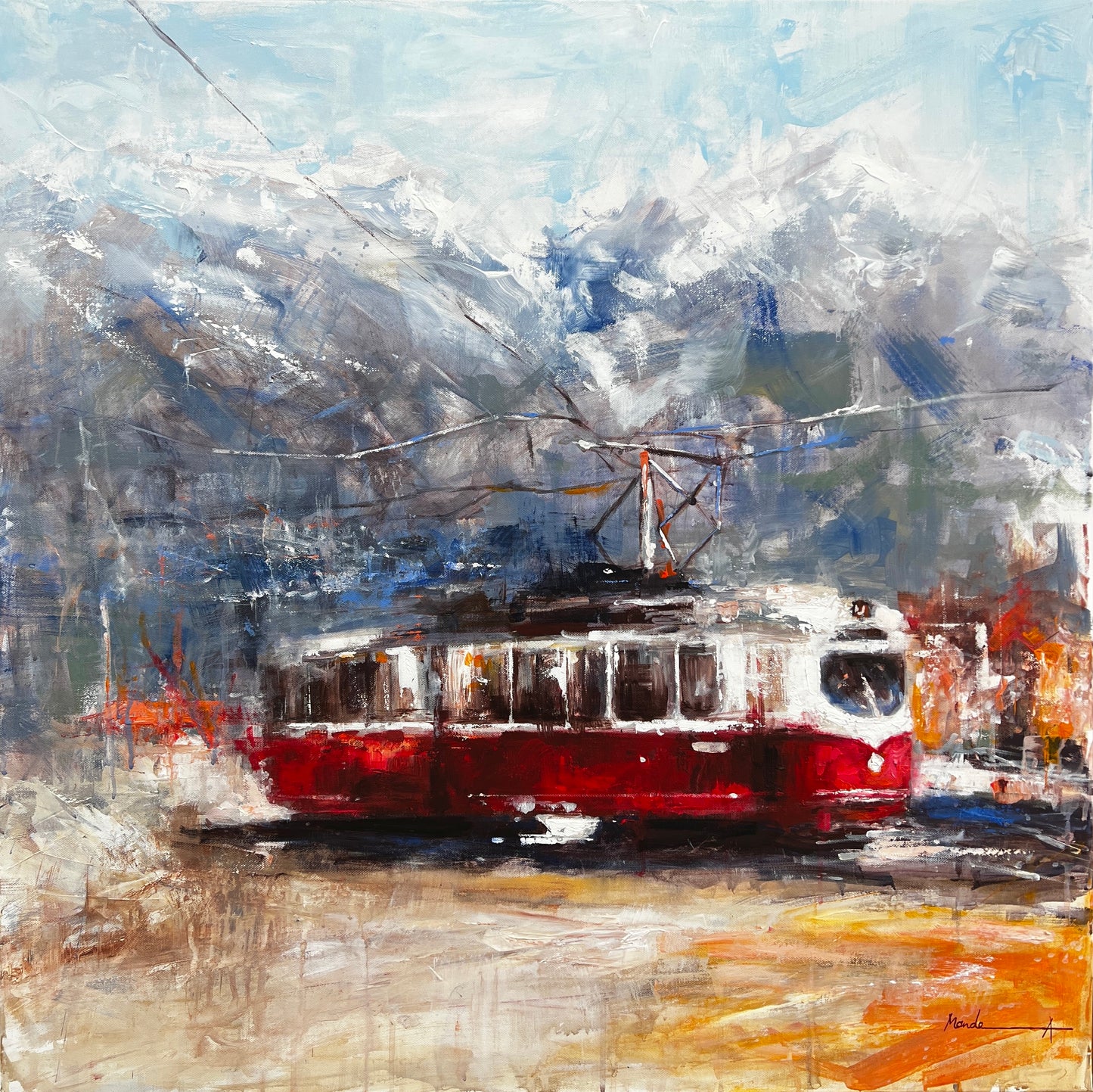 Impressionistic mountain scene with a red tram set against snow-covered Alpine peaks, capturing contrast between movement and the serene, cold landscape — artwork by Mandea art