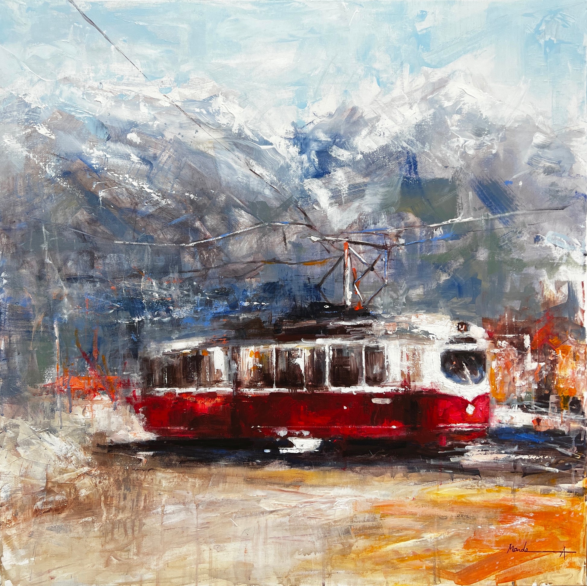 Impressionistic mountain scene with a red tram set against snow-covered Alpine peaks, capturing contrast between movement and the serene, cold landscape — artwork by Mandea art