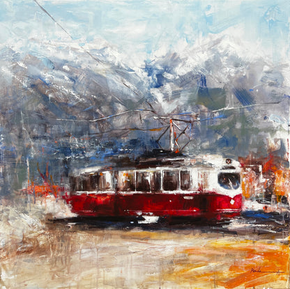 Impressionistic mountain scene with a red tram set against snow-covered Alpine peaks, capturing contrast between movement and the serene, cold landscape — artwork by Mandea art