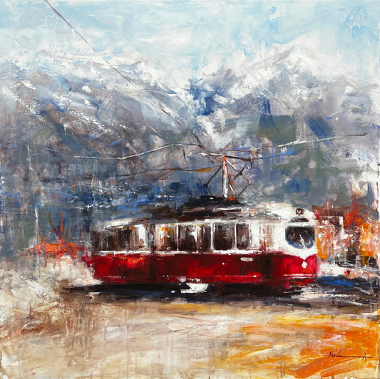 Impressionistic mountain scene with a red tram set against snow-covered Alpine peaks, capturing contrast between movement and the serene, cold landscape — artwork by Mandea art
