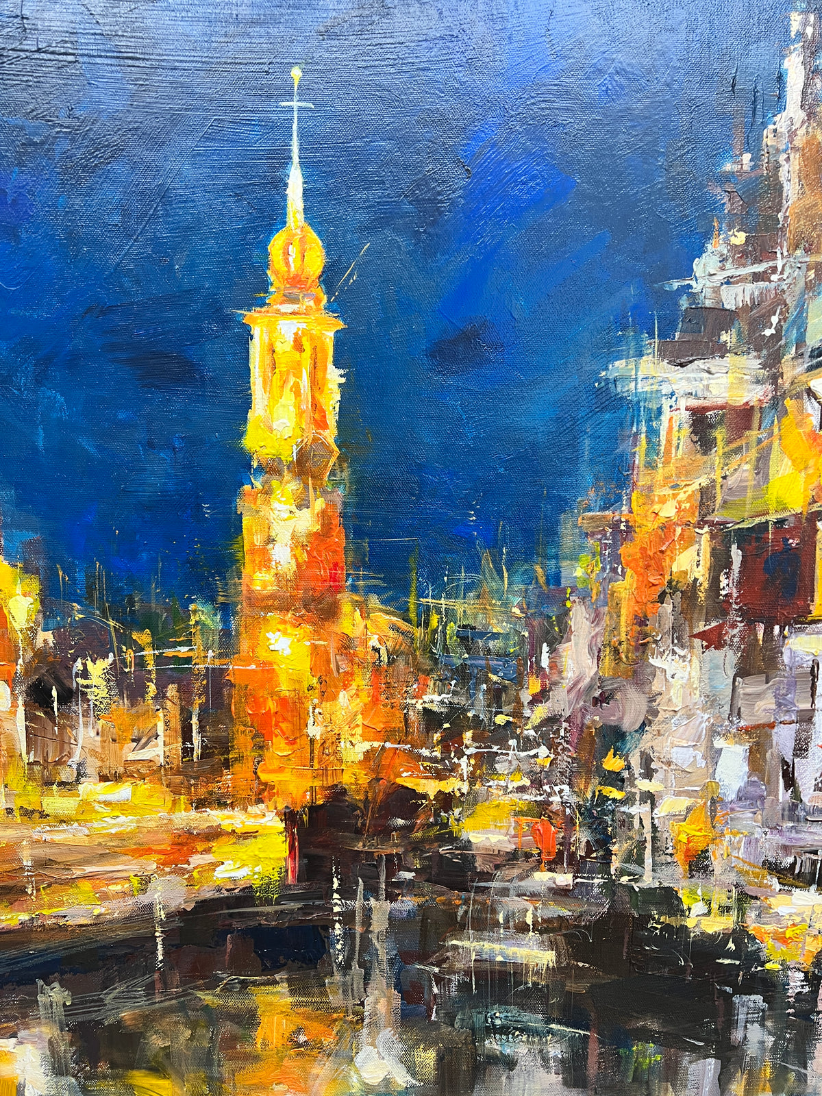 Impressionistic painting of amsterdam cityscape at night, featuring a prominent golden church tower reflecting in water, rendered in bold blue, yellow, orange, and white brushstrokes.
