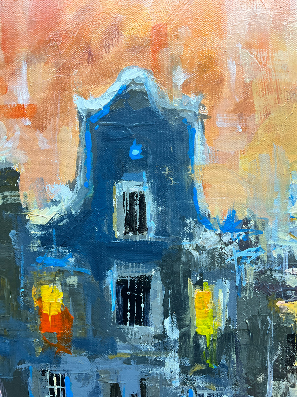 An abstract painting of a building facade, featuring a prominent dark blue central structure with white and light blue highlights, set against a warm orange and peach sky with yellow accents.