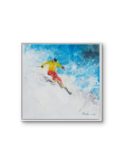 Framed artwork of a skier in action against a blue sky.