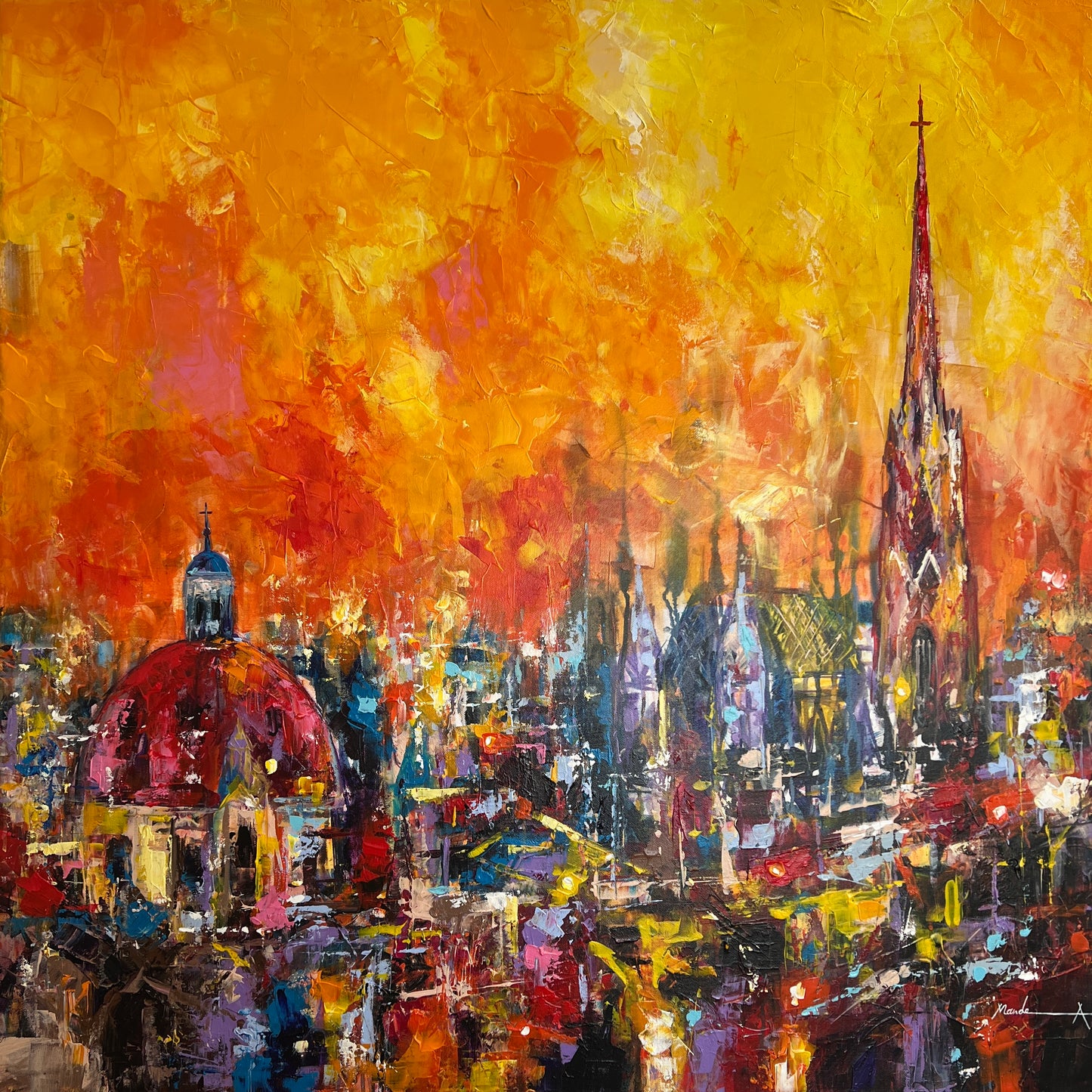 Vienna cityscape painting with golden summer sky
