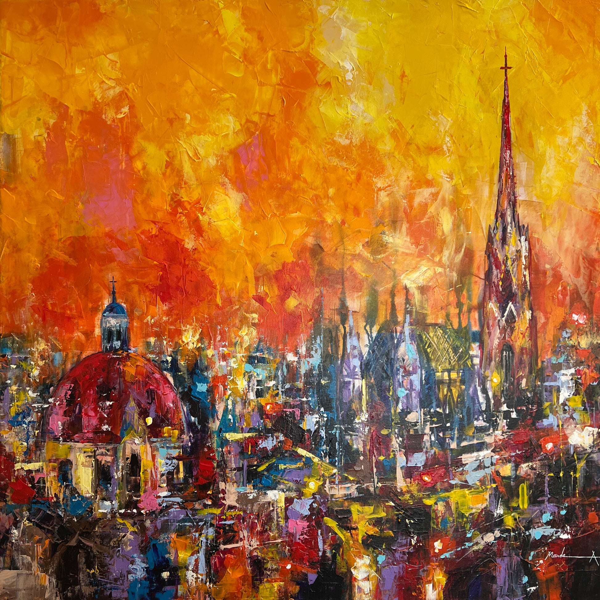Vienna cityscape painting with golden summer sky