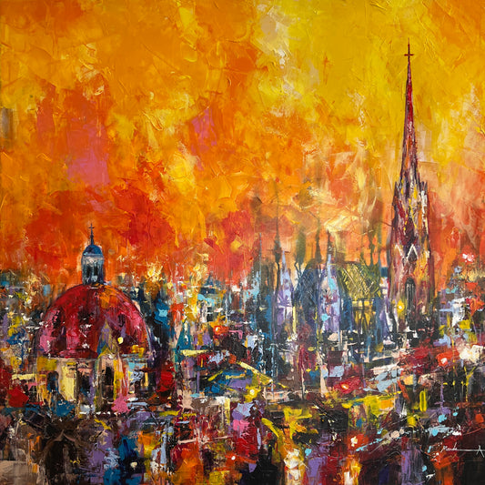 Vienna cityscape painting with golden summer sky