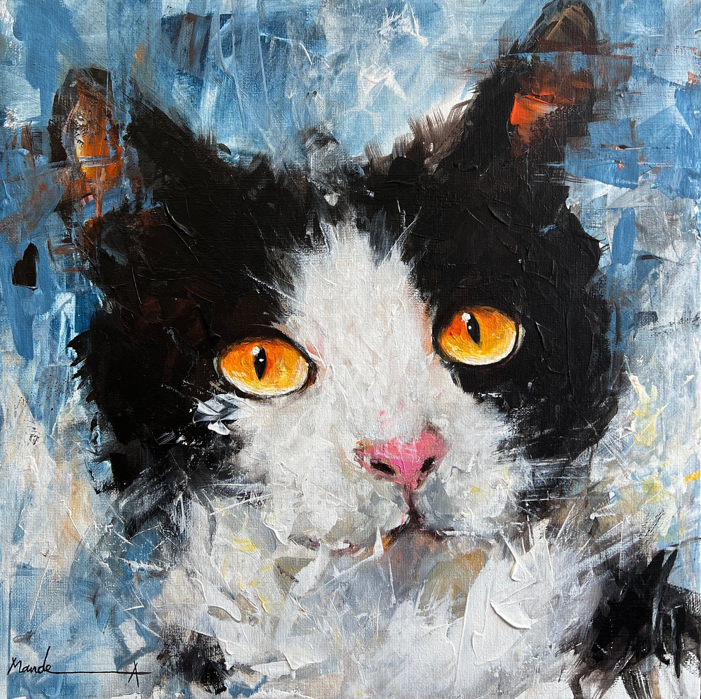 Painting of a black and white cat with orange eyes on a textured blue background