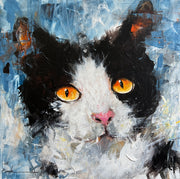 Painting of a black and white cat with orange eyes on a textured blue background