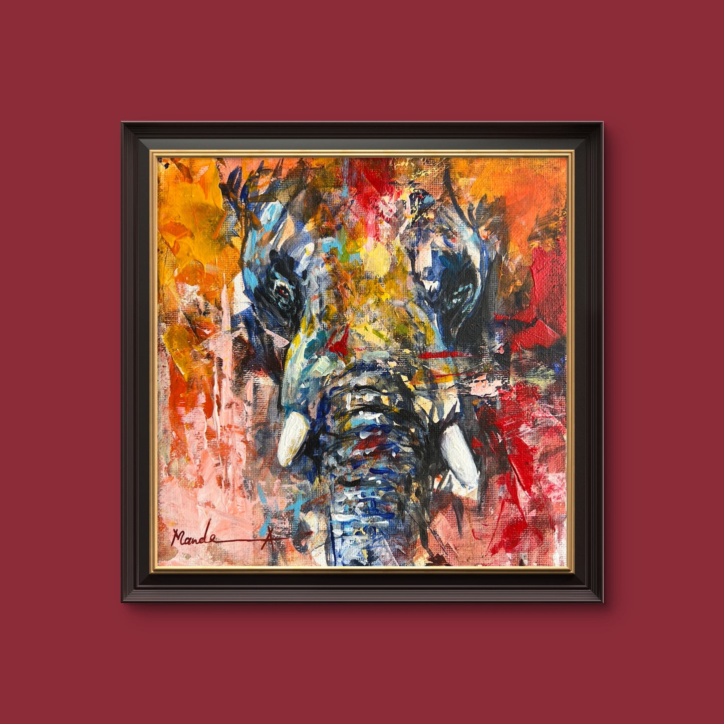 Bold abstract elephant painting with explosive colors and dynamic brushstrokes by Mandea Art