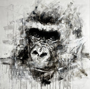 Abstract black and white painting of a gorilla's face