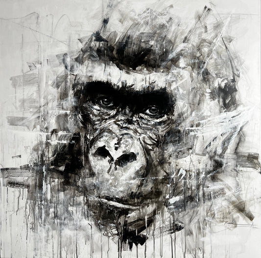 Abstract black and white painting of a gorilla's face