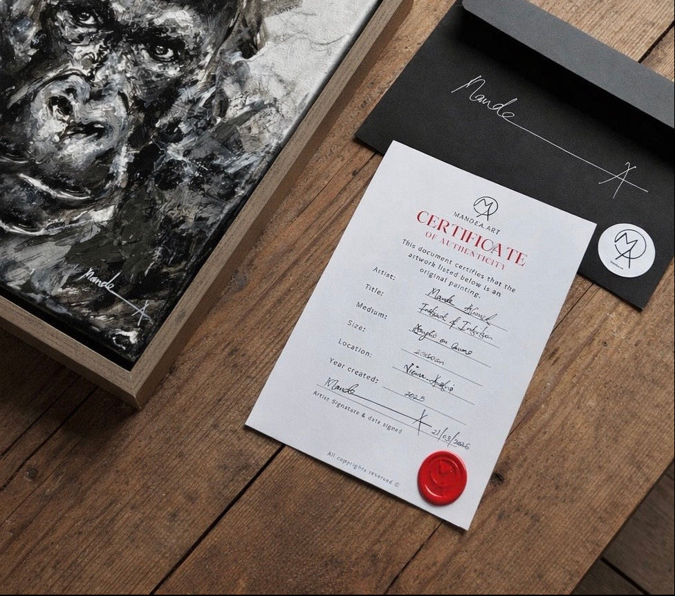 A framed black-and-white gorilla portrait artwork displayed on a wooden surface, alongside a black envelope and a white certificate with a red wax seal.