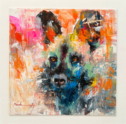 Colorful abstract painting of a hyena's face.