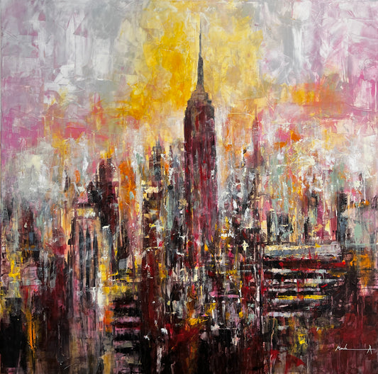 Original abstract Manhattan skyline oil painting featuring Empire State Building, vibrant cityscape artwork with golden yellows and burgundy colors, contemporary New York City fine art with expressive brushwork and atmospheric effects.