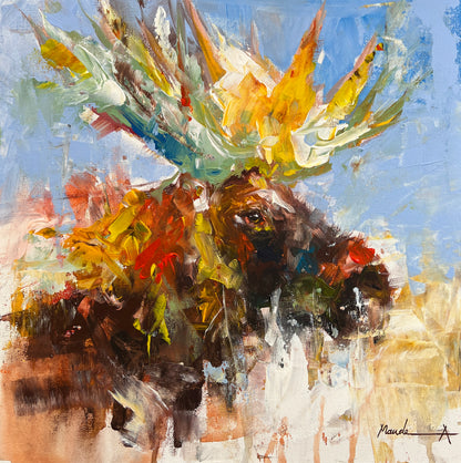 Abstract painting of a moose with colorful antlers against a blue sky. 