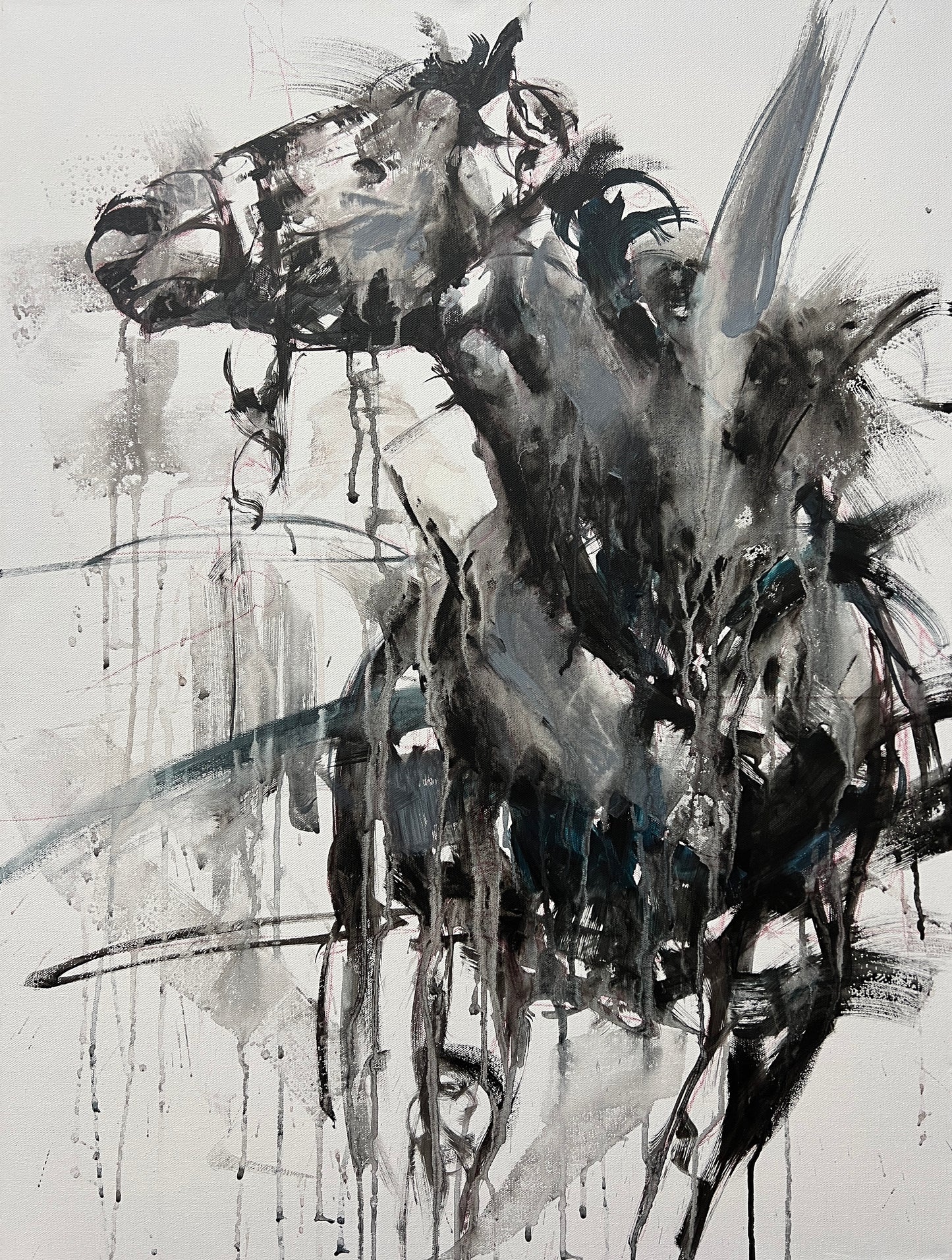 Abstract black and white painting of a horse