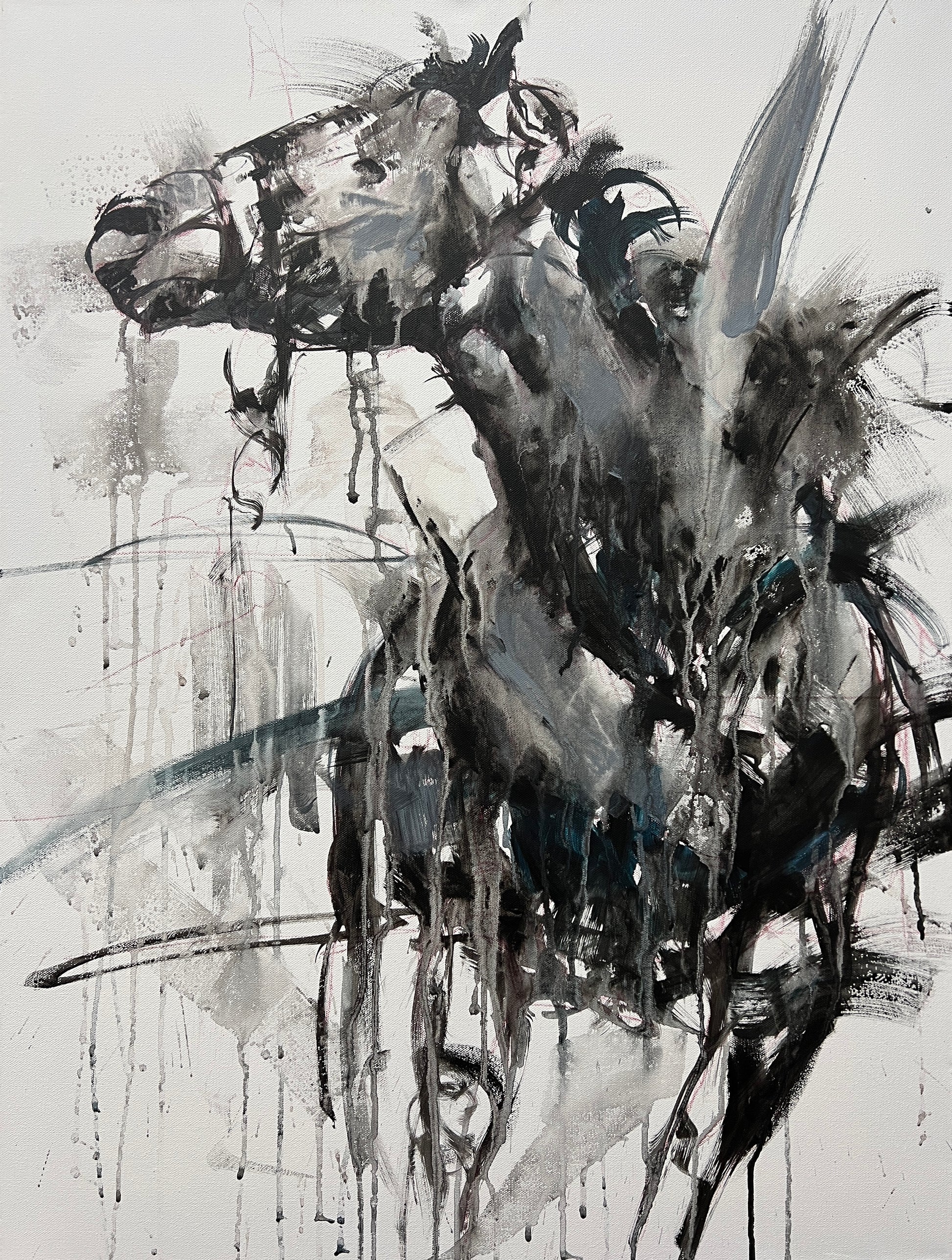 Abstract black and white painting of a horse