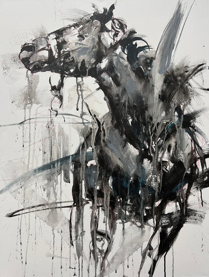 Abstract black and white painting of a horse