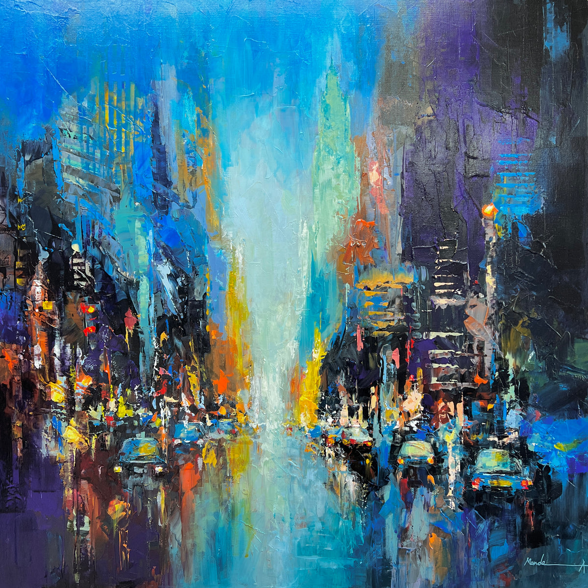 An abstract cityscape painting featuring a vibrant blue and teal central column, flanked by dark purple, black, and orange brushstrokes that depict urban buildings, lights, and traffic.