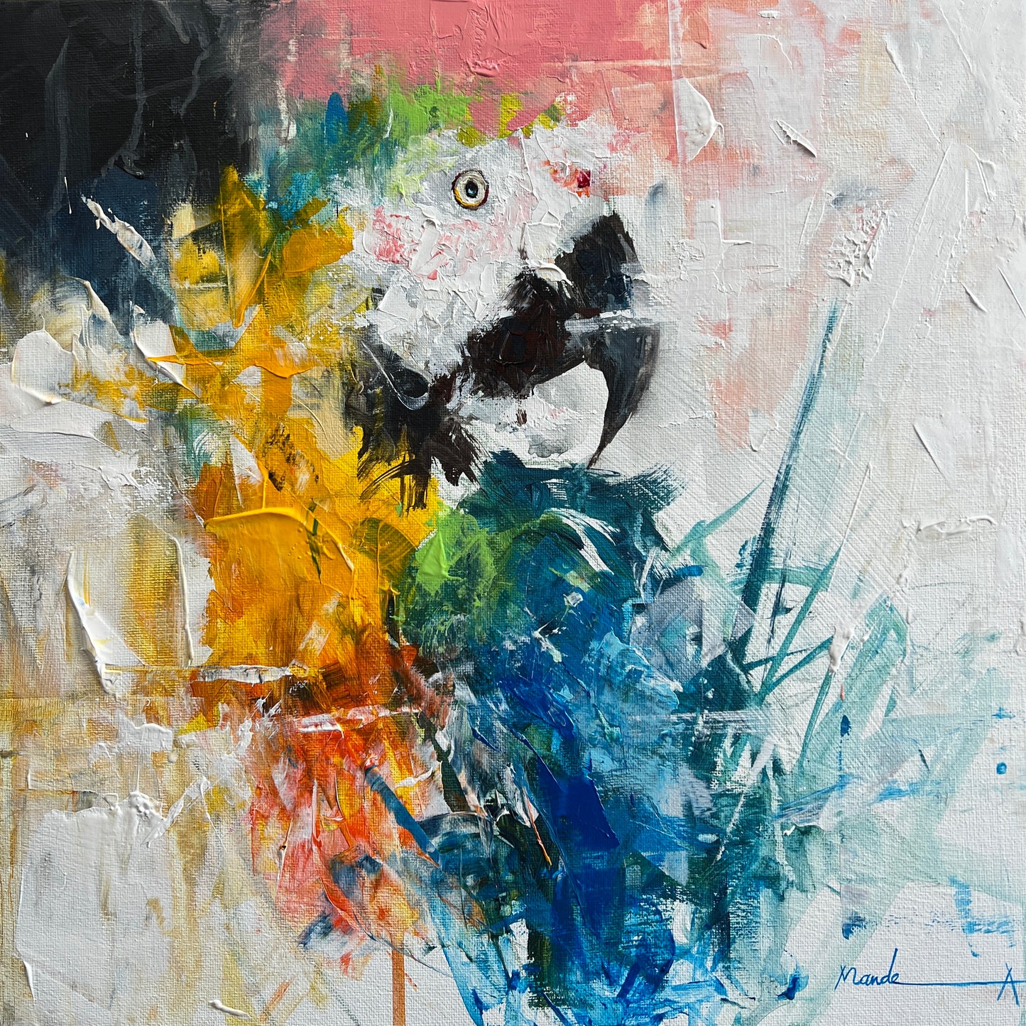 Colorful parrot painting in yellow and blue